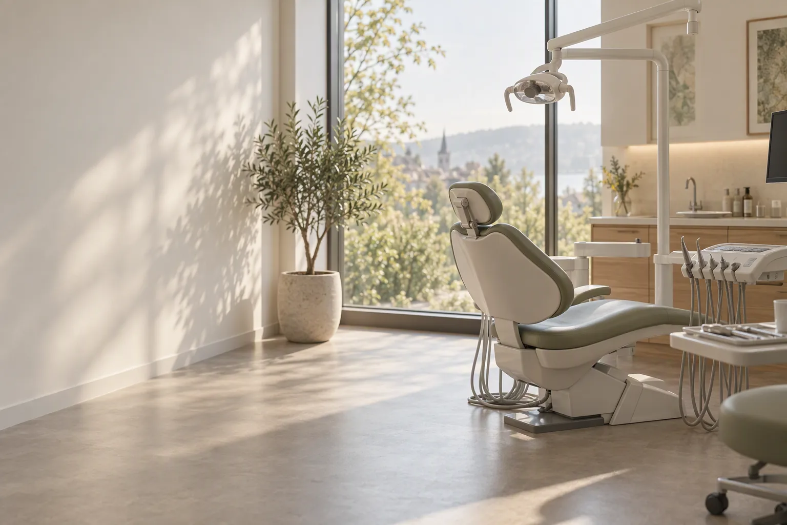Interior de un consultorio dental moderno: el sillón junto a una ventana alta, madera cálida y superficies claras, luz suave de la mañana.