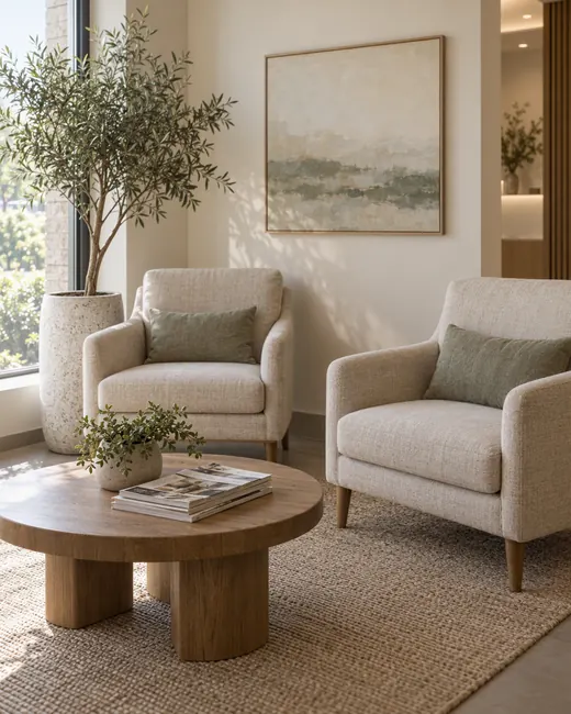 Sala de espera de un consultorio dental: dos sillones blandos, una mesita de madera, una planta en maceta y luz de día.